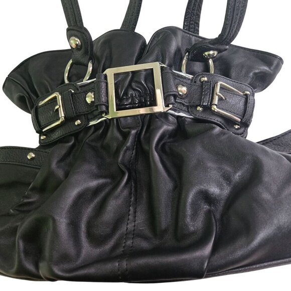 Wilson Leather Ellie V Cinched Black Leather Hobo Bag Silver Buckles 14"x10"x3" - Picture 1 of 8
